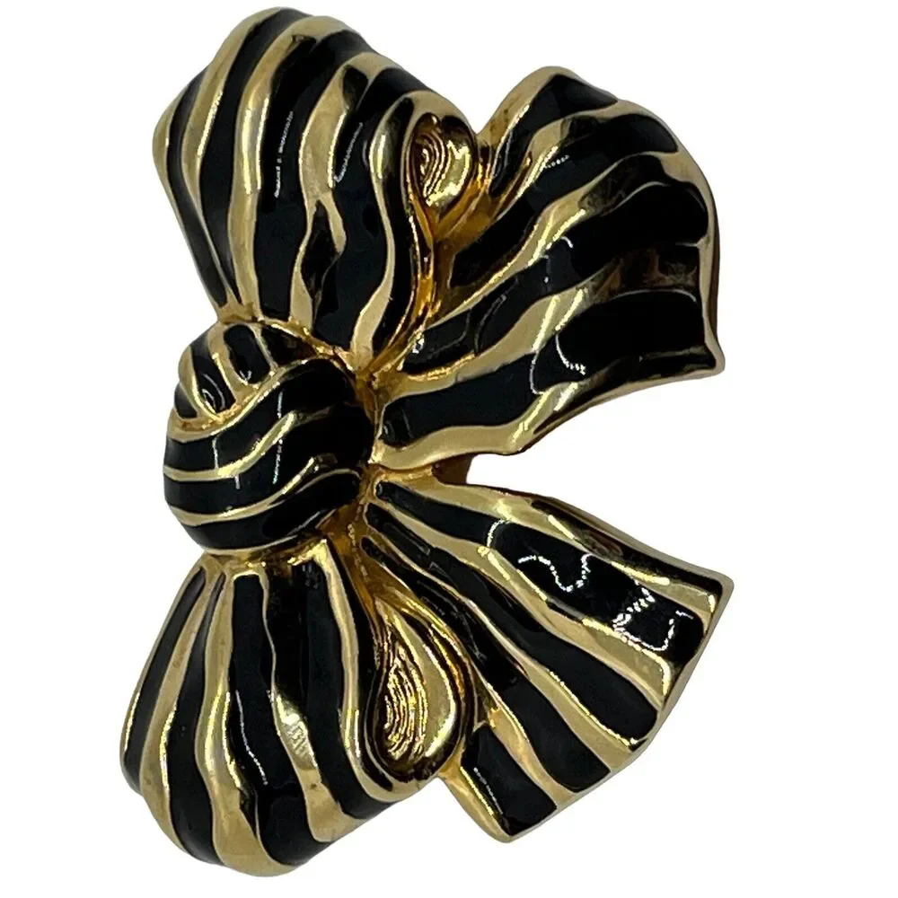 Swarovski Bow Brooch Pin Gold & Black Enamel Vintage Swan Signed Retro 80s Chic